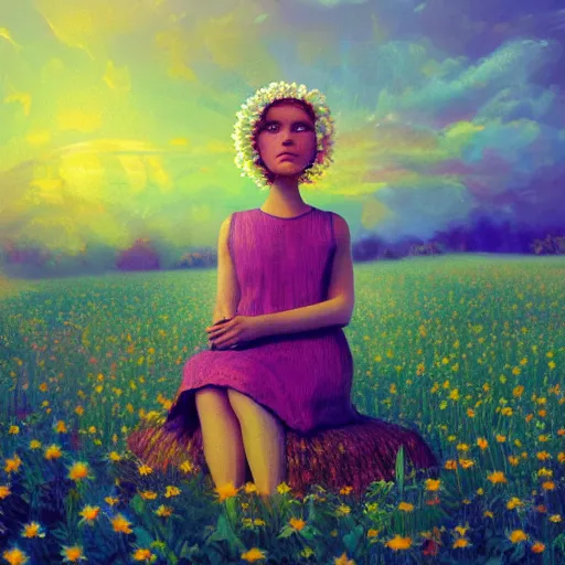 Image similar to giant daisy flower head, girl sitting in a flower field, surreal photography, sunrise, dramatic light, impressionist painting, colorful clouds, digital painting, artstation, simon stalenhag