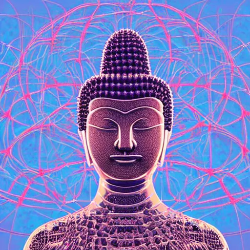 Prompt: robotic lifeform buddha meditating in front of a beautiful fractal neural network