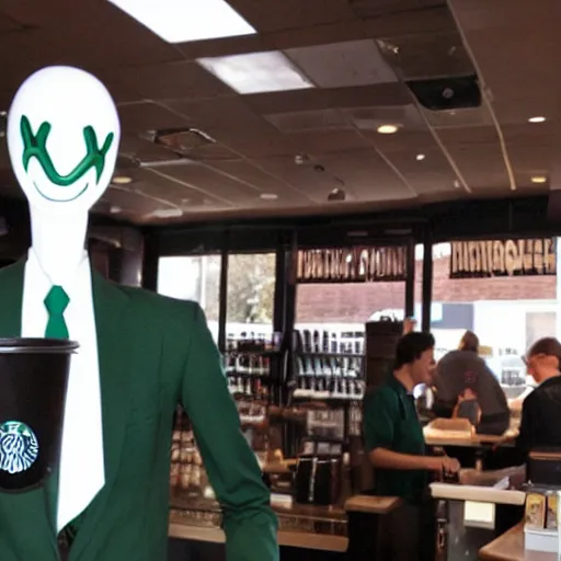 Image similar to slenderman working at starbucks.