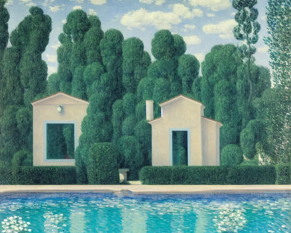 Prompt: achingly beautiful painting of a sophisticated, well - decorated, pueblo pool house by rene magritte, monet, and turner.