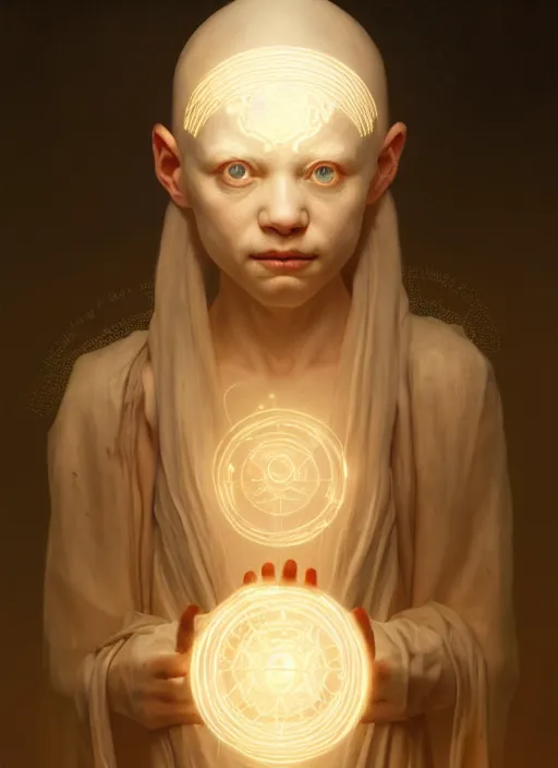 Prompt: portrait of an albino bald sick child oracle, ancient oracle, intricate, elegant, glowing lights, highly detailed, digital painting, artstation, concept art, smooth, sharp focus, art by wlop, mars ravelo and greg rutkowski