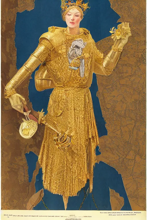 Prompt: hyperdetailed matte illustration of a knight wearing an ornate gold headpiece and holding a flower with a map of the collective subconscious in the background by john currin