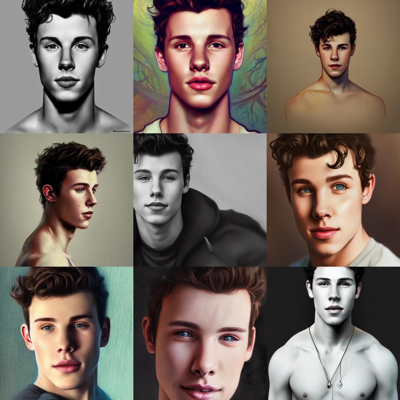 Prompt: Portrait of Shawn Mendes, wlop, artstation, mucha, digital art, detailed, 8k