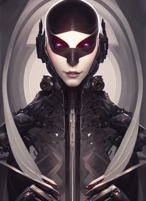 Image similar to symmetry!! portrait of cyborg ninja, gothic, dark, intricate, elegant, highly detailed, digital painting, artstation, concept art, smooth, sharp focus, illustration, art by artgerm and greg rutkowski and alphonse mucha