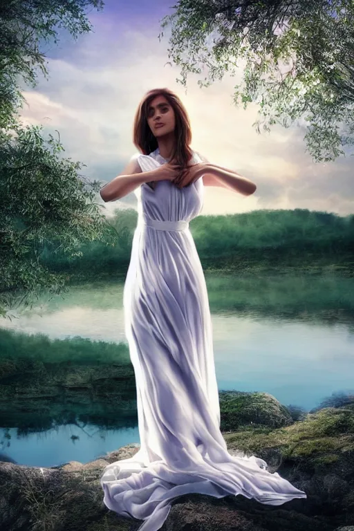 Image similar to a beautiful woman looking to the right side wearing a white dress, river in the background, serene scene, soft lighting, complementary colors, anatomically correct, five fingers, matte painting, centered, symmetrical, low contrast, heaven, path traced, highly detailed, high quality, 4 k, hyperrealistic, soft colors, beautiful landscape, realistic and defined face