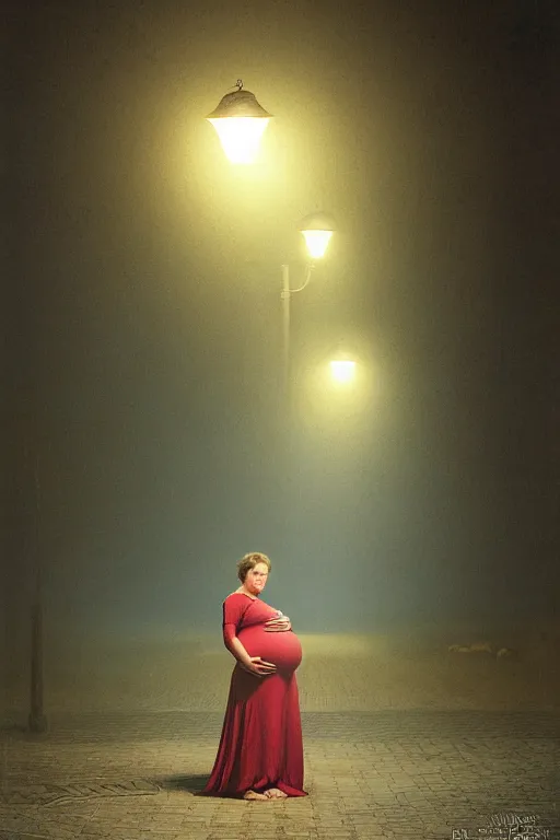 Prompt: pregnant woman under street light, nothern russia, by Alyssa Monks, Bouguereau