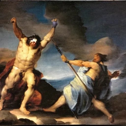 Image similar to zeus vs odin by francisco goya, mythological painting, oil painting