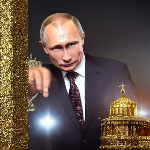 Image similar to Vladimir Putin with silver-violet hair, white eyes and golden glittery dress, wide lens, diorama, 4k,