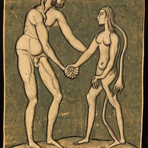 Prompt: depiction of adam and eve shaking hands with an anthromorphic snake