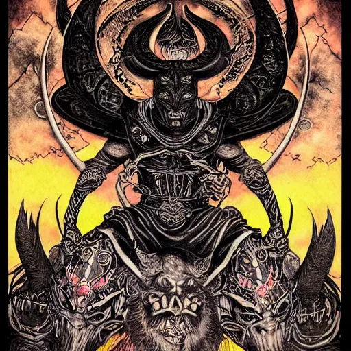 Prompt: black paper + tarot card + Giant Muscular Baphomet wearing Samurai outfit, vintage detailed fantasy illustration painted by Chie Yoshii + psychedelic black light style + intricate ink illustration + symmetry + bloodborne