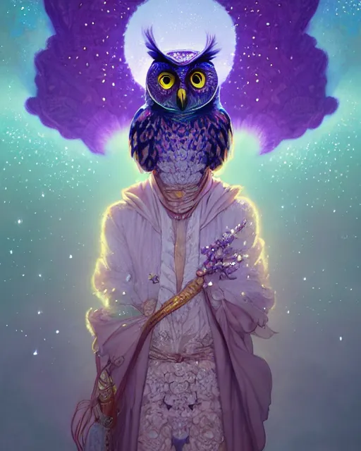 Prompt: anthropomorphic art of an owl king, in a lilac royal robe, stars and galaxies, by artgerm, victo ngai, ryohei hase, artstation, highly detailed digital painting, smooth, global illumination, fantasy art by greg rutkowsky, karl spitzweg, leyendecker