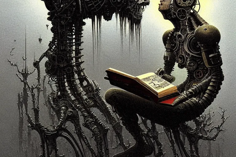 Prompt: a cyborg reading an old book, fantasy, sci - fi, intricate, elegant, dramatic lighting, highly detailed, lifelike, photorealistic, digital painting, artstation, concept art, smooth, sharp focus, illustration, art by beksinski and john blanche and paul dainton and albert aublet and artem demura and alphonse mucha