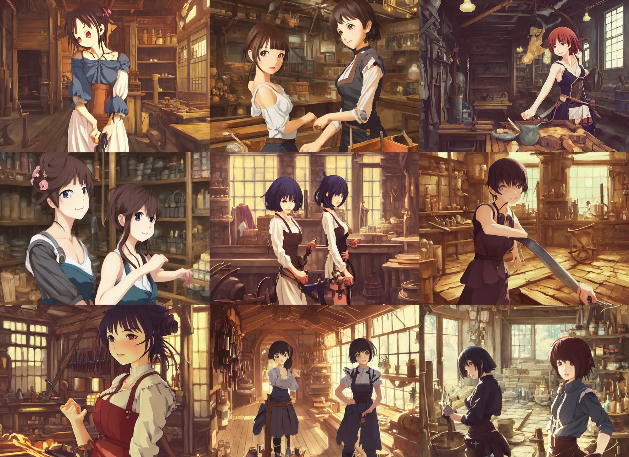 Prompt: anime visual, portrait of a fantasy female adventurer shopping at a blacksmith's shop interior, cute face by ilya kuvshinov, yoh yoshinari, makoto shinkai, katsura masakazu, dynamic pose, dynamic perspective, flat mucha shading, crisp smooth lines, rounded eyes, anime cel