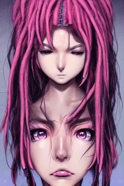 Image similar to portrait of an anime manga girl with pink snake dreads, straight on portrait, by artgerm, james jean, tom bagshaw, gerald brom, vaporwave colors, lofi colors, vaporwave, lofi, goth vibe, 4 k, smooth, hd, substance designer render, full body character concept art, symmetrical,