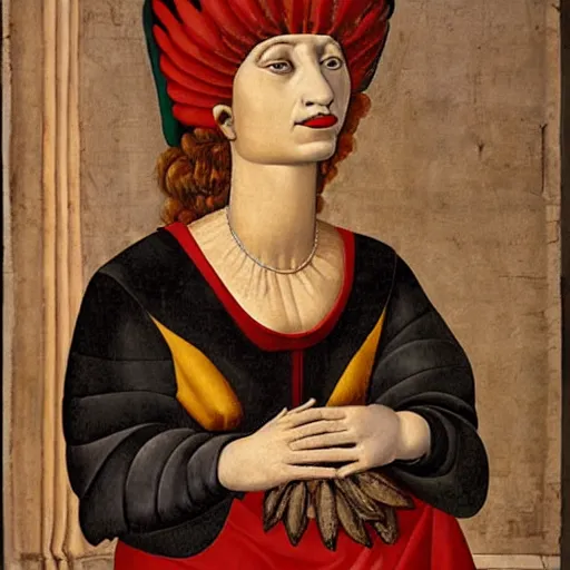 Image similar to portrait of an anthropomorphic velociraptor, dressed as an italian queen, sandro bottecelli, 1 5 0 0