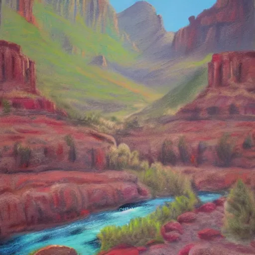 Image similar to landscape meadow flowing into grand canyon, pastel artwork