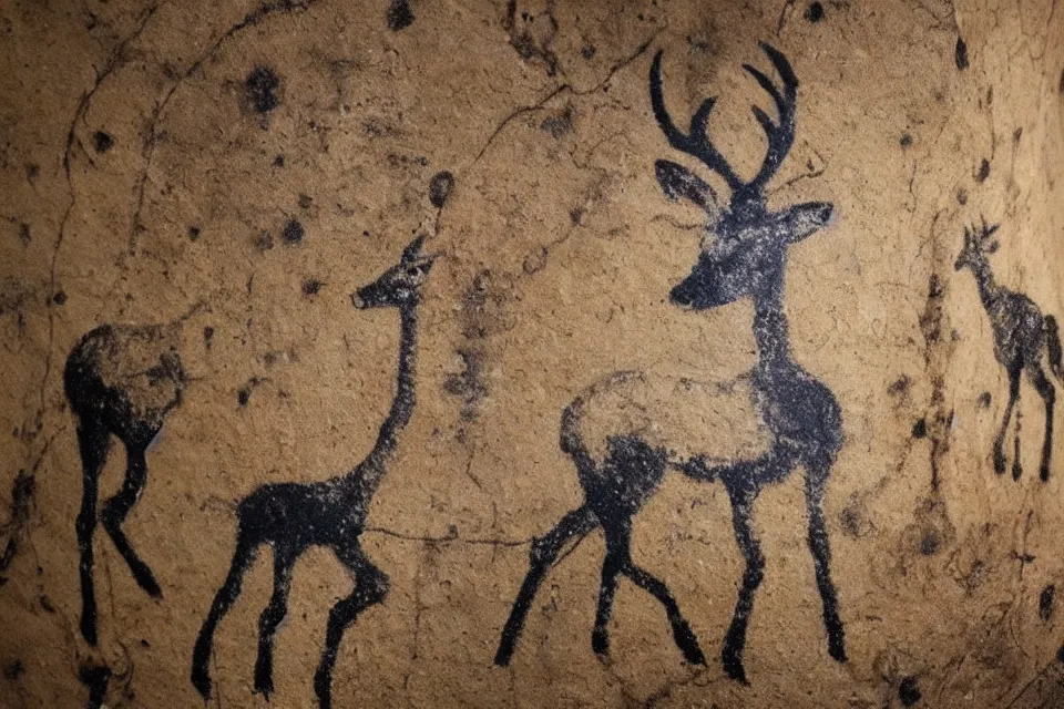 Prompt: a cave painting of a deer and r 2 - d 2. lascaux cave paintings, chauvet