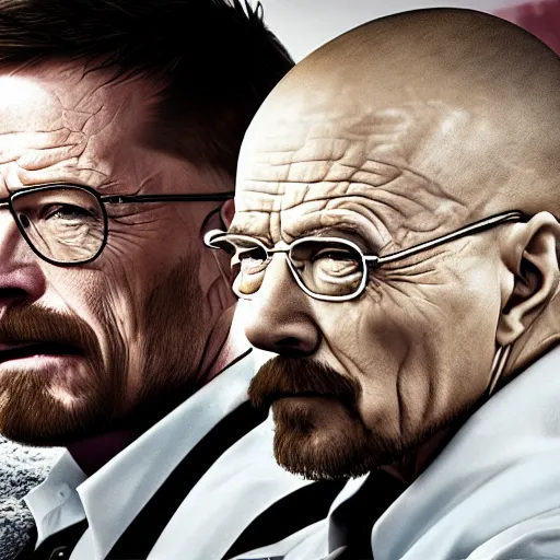Image similar to Walter white making meth while Elon musk is tastes it. 8k ultra realistic, award winning, unreal engine 5, masterpiece, atmosphere glow, hyperrealistic, focused, extreme details, cinematic