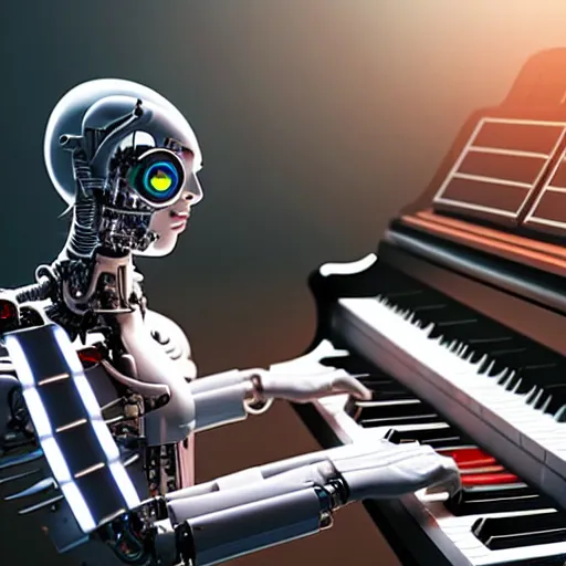 Image similar to a cyborg playing the piano in a futuristic apartment, award winning art, 4k, highly detailed, sharp focus, cinematic lighting, smooth