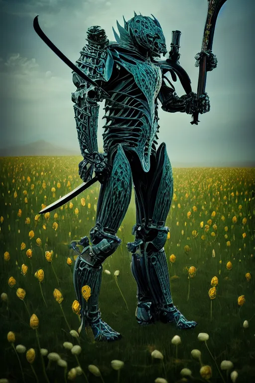 Prompt: neo - gothic giant muscular humanoid chimera, exoskeleton armor, holding katana, standing in a field of flowers, highly detailed smooth concept art masterpiece, vitaly bulgarov giger dramatic dark teal light, ground angle hd 8 k, sharp focus