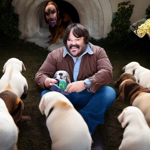 Prompt: jack black eating popcorn, surrounded by puppies, hd, laughing