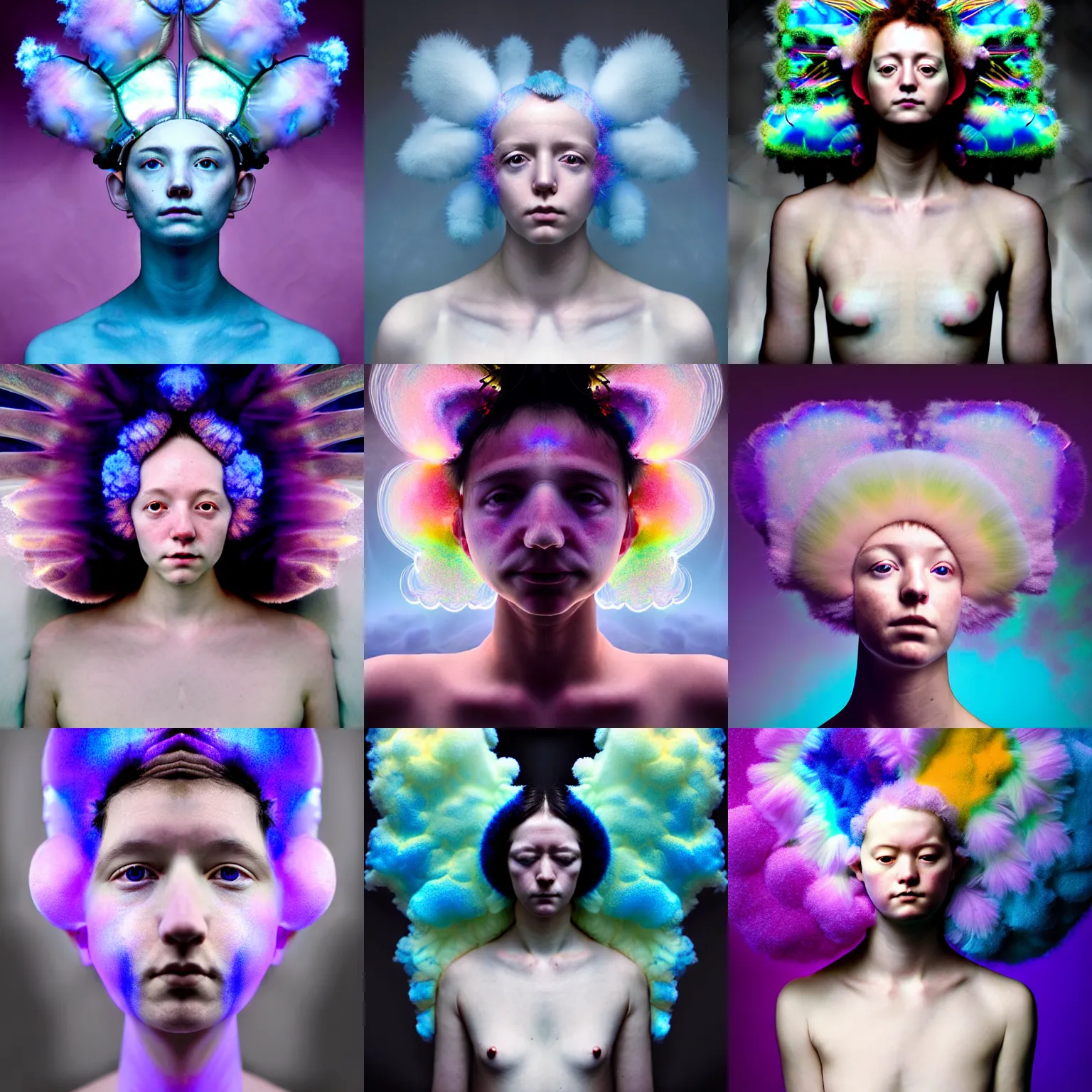 Prompt: symmetry!, photographic portrait of a person made of fluffy iridescent clouds by anne geddes and robin eley and ross tran and jusepe de ribera and brom, cybernetic components, electrical wiring, highly detailed digital art masterpiece, pearlescent