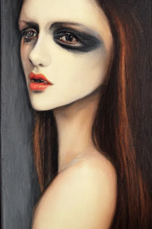 Image similar to by inci eviner oil painting, close - up portrait of european medieval brunette vampire fashion model, knight, steel gradient, in style of inci eviner,