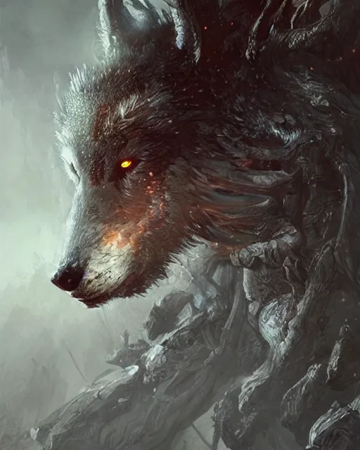 Image similar to king of wolves, elden ring, by artgerm, by greg rutkowski and zdizslaw beksinski, trending on artstation, octane render