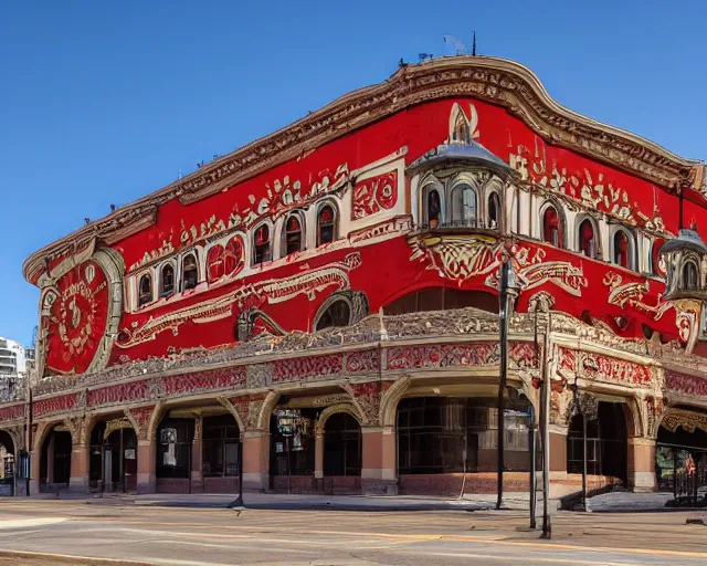 Image similar to photo of an outdoor mural of an opera house from the early 1 9 0 0 s in the style of art nouveau, red curtains, art nouveau design elements, art nouveau ornament, opera house architectural elements, painted on a brick wall, outdoor mural, mucha, masonic symbols, masonic lodge