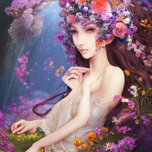 Image similar to Elven druid queen in a swirling sundress of flowers, underwater, floral explosion, radiant light, vortex of plum petals, by WLOP, Hasui Kawase and artgerm, artstation, deviantart