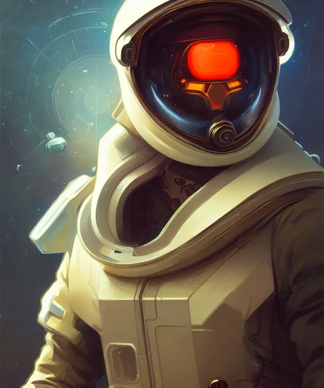 Image similar to Hacker spaceman portrait, highly detailed, digital painting, artstation, concept art, smooth, sharp focus, illustration, art by artgerm and greg rutkowski and alphonse mucha