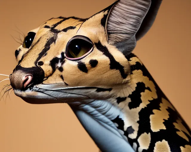 Image similar to an award winning photo of a serval - headed ball python, legless!!!!!!!!!, environmental portrait photography, national geographic, 4 k, sharp focus