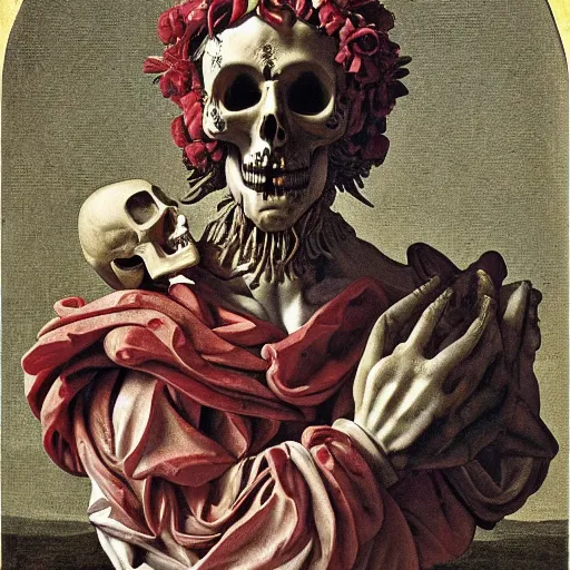 Prompt: a man in the form of a Greek sculpture with a mask in the form of a skull and wreath of flowers skulls in hands dressed in a biomechanical dress, red white and gold color scheme, baroque, by Michelangelo