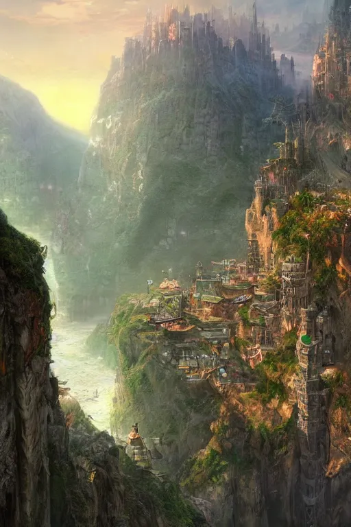 Prompt: fantasy metropolis of tall towers at the top of a cliff looking over a river, by Marc Simonetti and Thomas Kinkade, matte painting, concept art, trending on artstation, HD