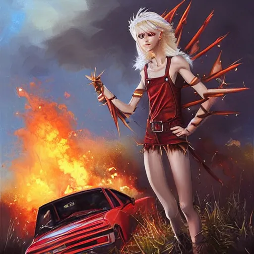 Prompt: a skinny fantasy elf with spiky blonde hair wearing dark brown overalls and holding a firecracker standing next to a destroyed car, painting by artgerm