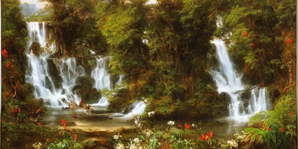 Image similar to scene of dreamlike cascading waterfalls, lilies, naturalistic art, by frederic edwin church,