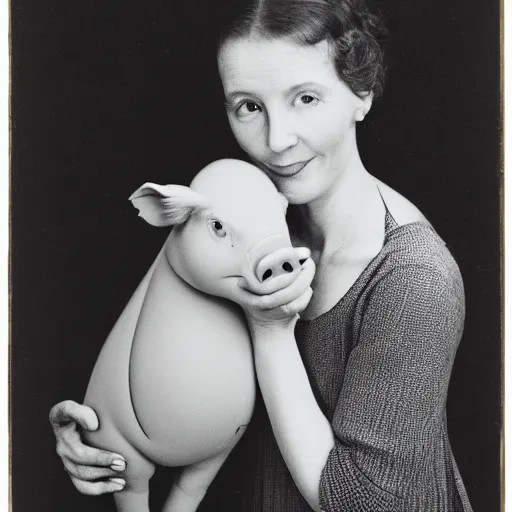 Image similar to portrait of female with piglet