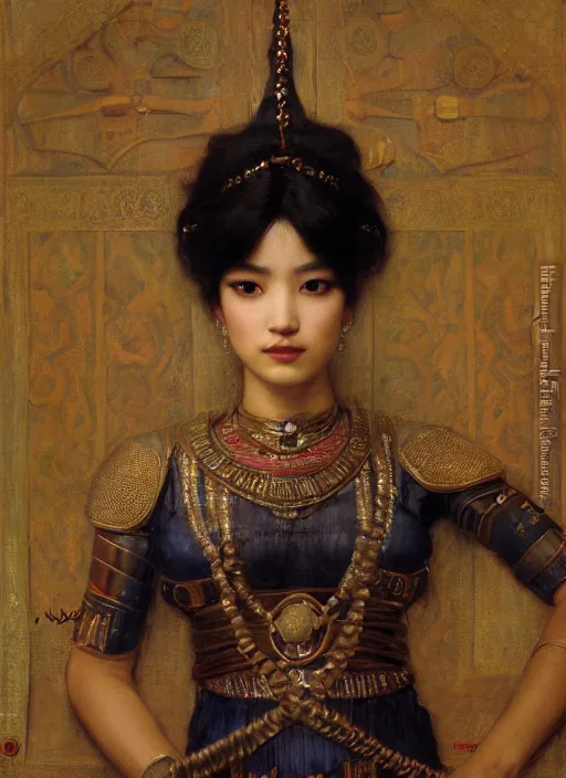 Prompt: beautifull asian queen cyborg with bangs curly Iranian orientalist portrait by john william waterhouse and Edwin Longsden Long and Theodore Ralli and Nasreddine Dinet, oil on canvas. Cinematic, hyper realism, dramatic lighting, high detail 4k