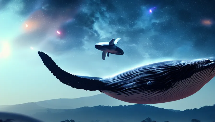 Image similar to highly detailed cinematic scifi render of a flying whale over the tuscany skies, cypresses and hills, stars and planets, hyper detailed, digital art, led lighting, studio quality, smooth render, unreal engine 5, octane render, trending on artstaion.