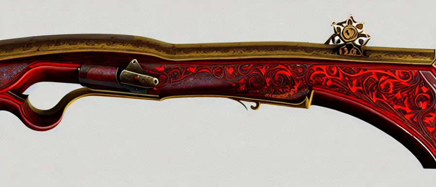 Image similar to a magical antique sawed - off double - barreled shotgun made from glossy red - painted wood and elements of gold metalwork, video game concept art