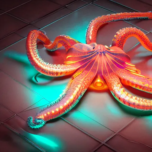 Prompt: an extremely high quality 8 k 3 d render of a metallic cyberpunk neon octopus with polished, highly reflective highly detailed, clean, sharp, crisp clean shapes, cast glass, brushed metal, symmetry, mercury, chrome, obsidian, highly detailed, tentacles, high detail, very aesthetically pleasing