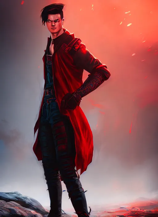 Image similar to An epic fantasy comic book style portrait painting of a young man with black undercut haircut, wearing red clothes, black overcoat, blue jeans. Unreal 5, DAZ, hyperrealistic, octane render, cosplay, RPG portrait, dynamic lighting