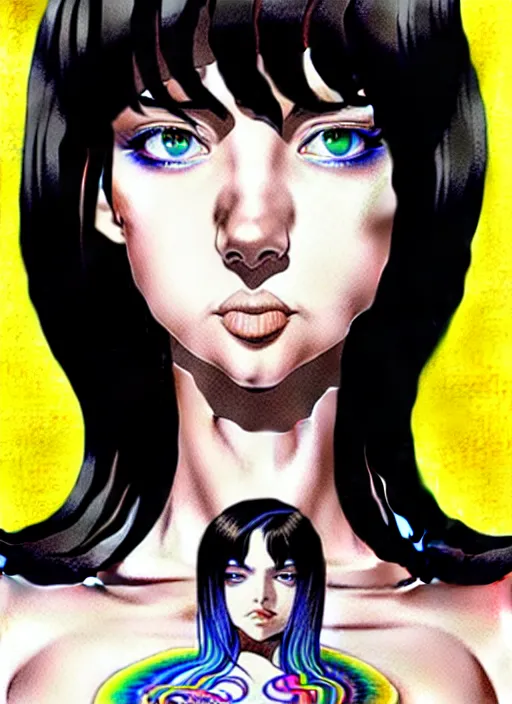Image similar to richly detailed colored pencil 3D illustration of a beautiful woman with silky straight black hair with iridescence wearing a Nirvana band Tshirt and short black shorts, she staring at the camera happily while being surrounded by slimy tentacles, art by Range Murata and Artgerm.