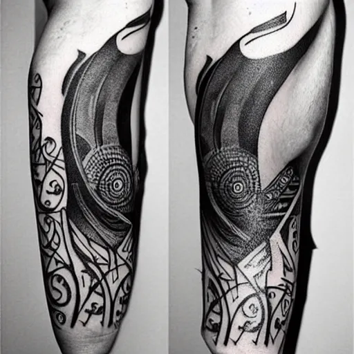 Prompt: Modern sleeve tattoo of norse mythology, surrealism, line art, black and white, intricate patterns,