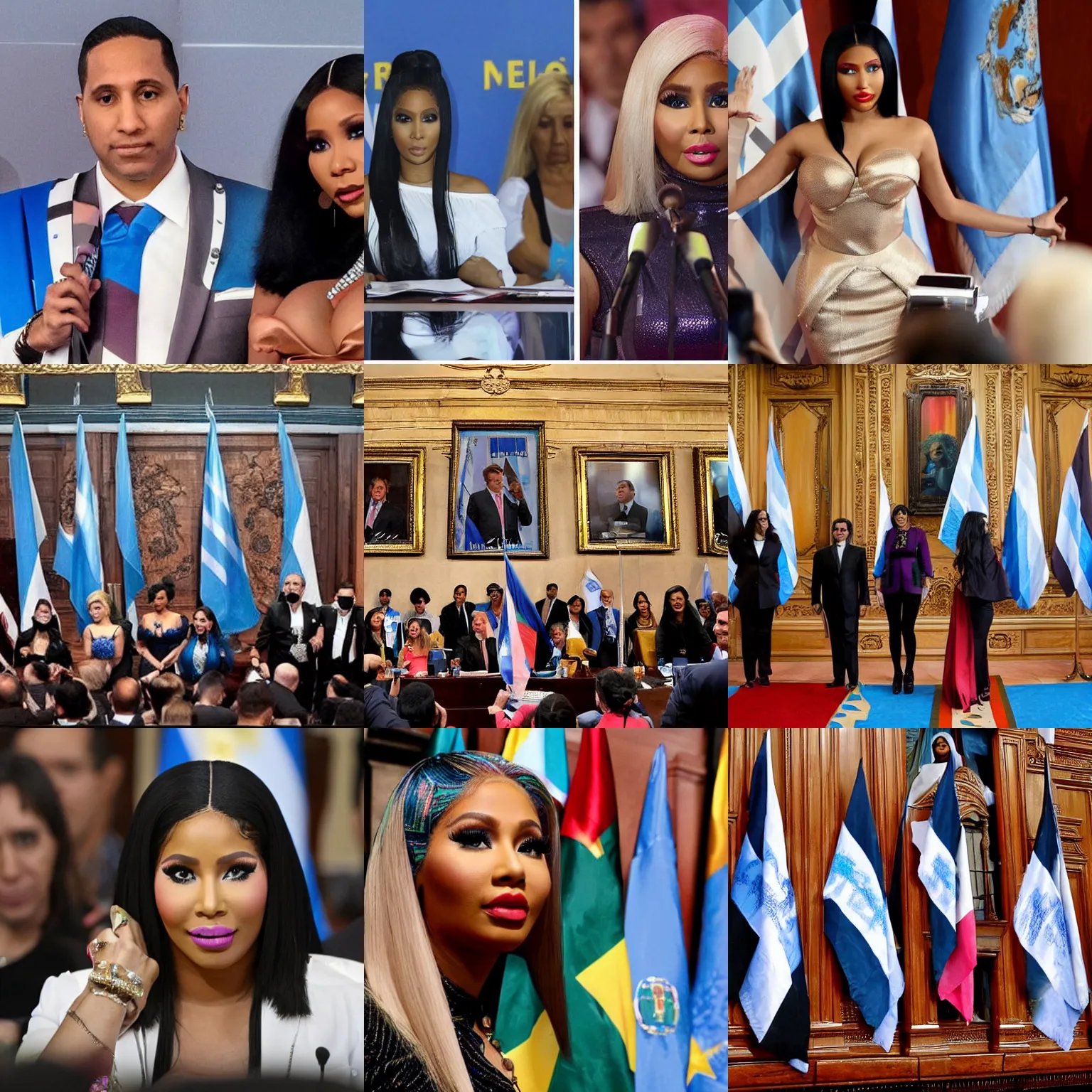 Image similar to Nicki Minaj presidente de Argentina, in the Argentine Congress, flags of Argentina behind, detailed picture