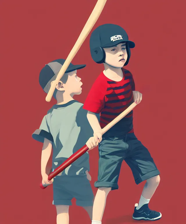 Prompt: a young boy wearing a horizontal striped shirt and a red baseball cap and jean shorts, holding a baseball bat, digital painting, artstation, concept art, sharp focus, octane render, illustration, art by tomer hanuka,