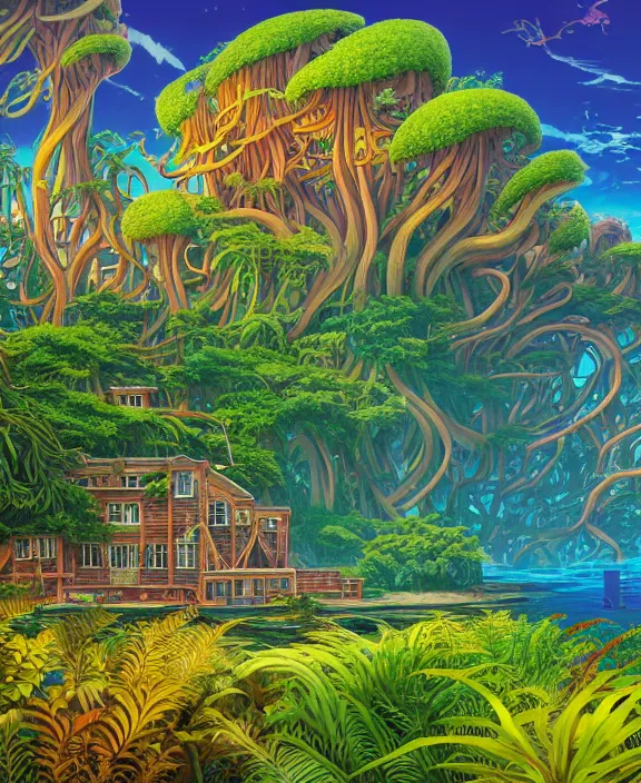 Image similar to an enormous schoolhouse made from exotic fungus, overgrown with weird huge colorful ferns, on the ocean, noon, sun drenched, partly cloudy, by dan mumford, yusuke murata, makoto shinkai, ross tran, cinematic, unreal engine, cel shaded, featured on artstation, pixiv