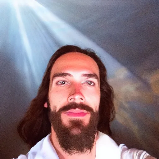 Prompt: of a selfie made by jesus during the last super, studio lighting, soft