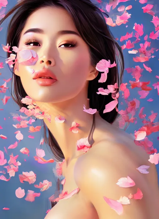 Image similar to gorgeous female in bikini, body shot, covered in translucent leaf and petals in the style of stefan kostic, cute - fine - face, li bingbing, backlit, refracted lighting, elegant, half body shot, 8 k, insanely detailed, intricate, art by stanley lau, artgerm, wlop, kuvshinov ilya,