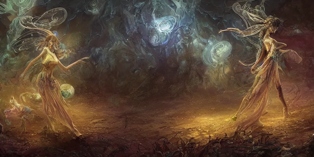 Image similar to concept art of translucent glowing fairies dancing, lovecraftian, renaissance, melting, round moon, rich clouds, fighting the horrors of the unknown, very detailed, volumetric light, mist, fine art, decaying, textured oil over canvas, epic fantasy art, very colorful, ornate intricate scales